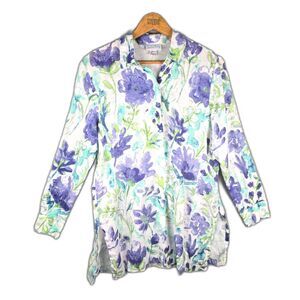 Charlotte Kellogg Palm Beach Linen Floral Tunic Large Cottagecore Resort Blouse